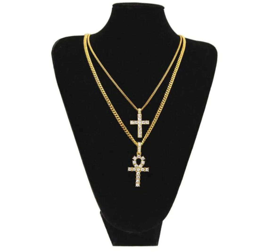 Gold Silver Egyptian Ankh With Cross Necklace Set Bling Rhinestone Crystal Key Cross Necklaces Hip Hop Jewelry Set7423228