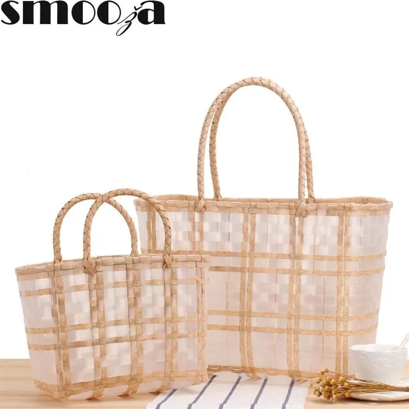 Handmade Transparent Women's Handbag Plastic Woven Summer Beach Bag Female Tote s Bohemia Large Small Ladies Shopper W2204272758