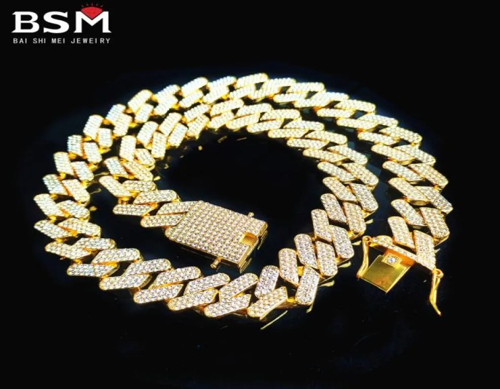 Necklace Diamond 20mm Chains Threerow Drill Miami Cuban Link Chain Full Zircon Men039s Hip Hop4277156