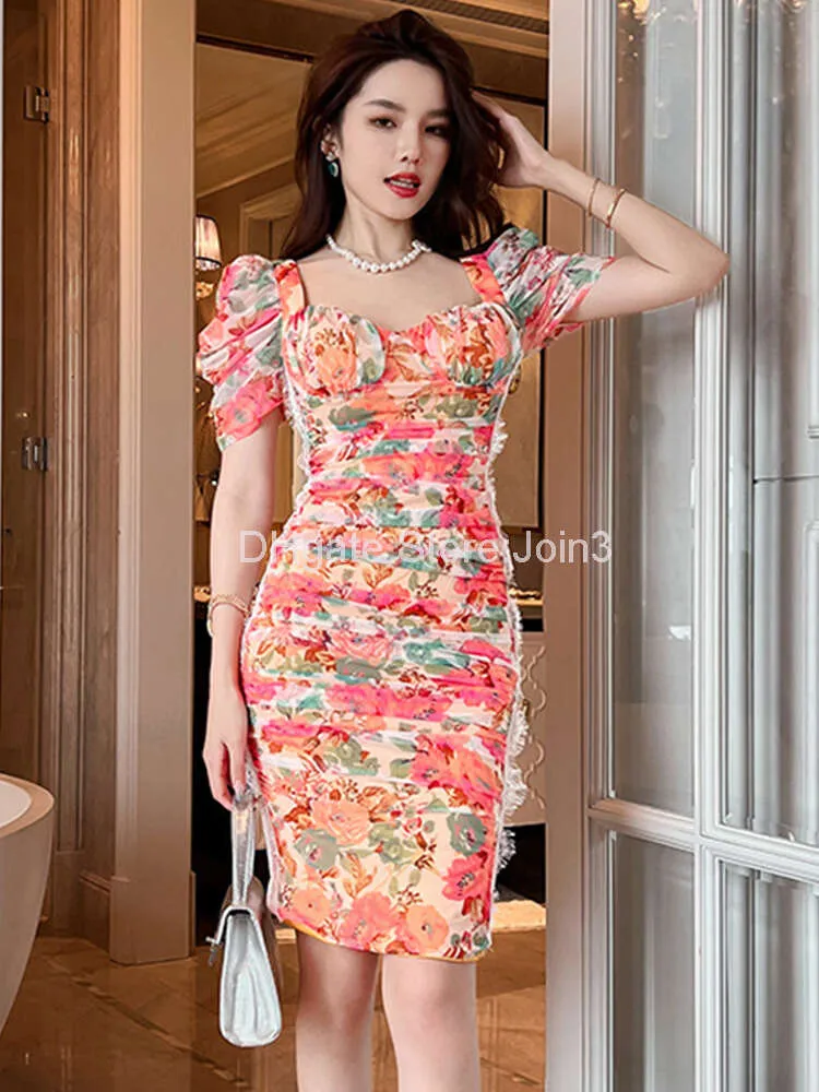 Casual Dresses Summer Dress for Women 2024 Sweet Girly Fairy Mesh Flowers Bubble Sleeve Bodycon Pleated Robe Female Party Date Holiday Vestidos