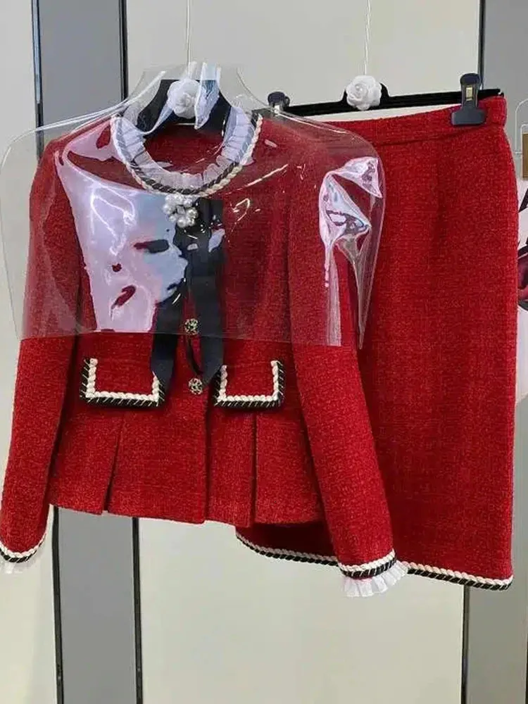 Getadme-Fashion Small Fragrance Tweed Two Piece Set Women Crop Top Bow Short Jacket Coat + Pleated Skirt Suits Vintage  2 Piece Sets
