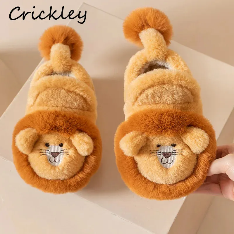 Pantoufle dessin animé Lion chaussures d'hiver pour enfants mignons 3D animaux pantoufles de sol pour enfants appartements chaud en peluche conception enfant filles garçons 231212