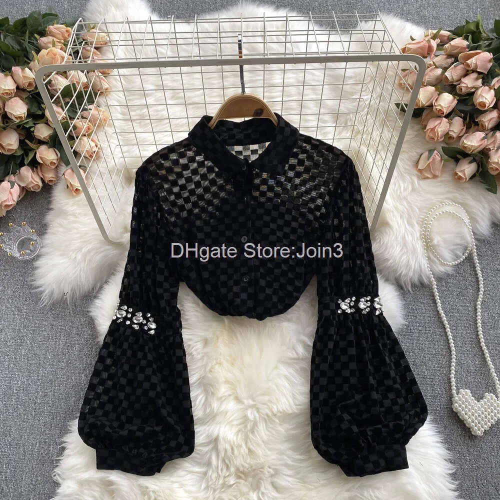 Design Retro Plaid frauen Blusen Shirts Chic Diamanten Lange Hülse Dünne Tops Herbst Mode Koreanische Streetwear Blusen Neue 2022