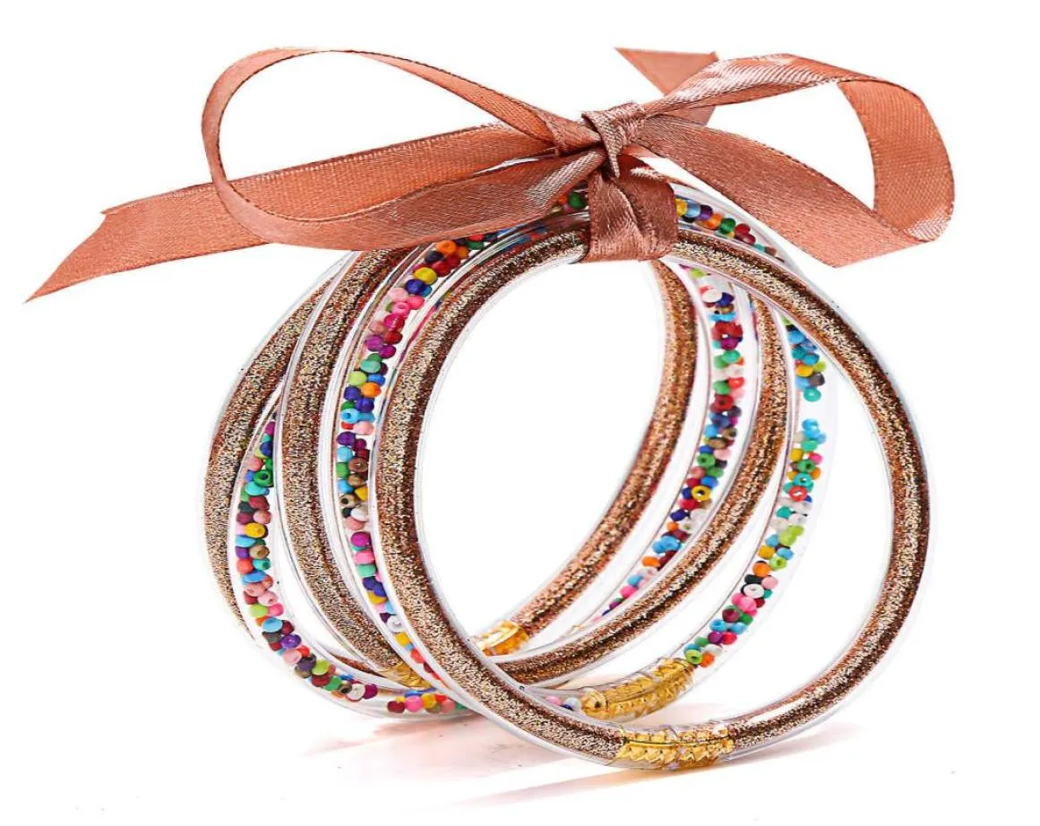 Glitter Jelly Bangles Multicolor Silicone Armband Set Ribbon Bowknot Powder Decor Fashion Circle Wristlets 5st Q07194896999