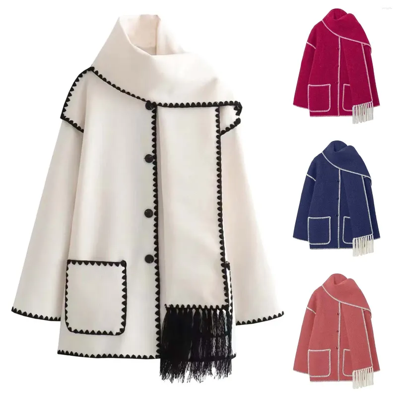 Kadın Ceketleri Kadın Yünlü hırka kazakları Açık ön ön uzun kollu gündelik ceket 2023 Sonbahar Palto Kış Palto Eşarp