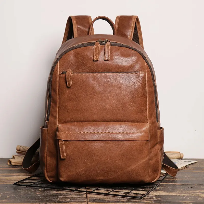 School Bags Vintage Men and Ladies Outdoor Travel Backpack School Book Cowhide Backpack Brown Zipper 14 Inch Computer Notebook Bag 231213