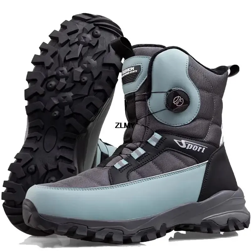 Bottes chaudes hommes neige imperméable à l'eau en plein air hiver bottes de neige bouton rotatif hommes haut en peluche coton chaussures homme randonnée 231212