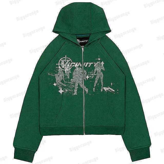 y2k zip hoodie パーカー　Green opium Y2K Hiphop Zip Up Hoodie - Mens Anime Print Sweatshirt