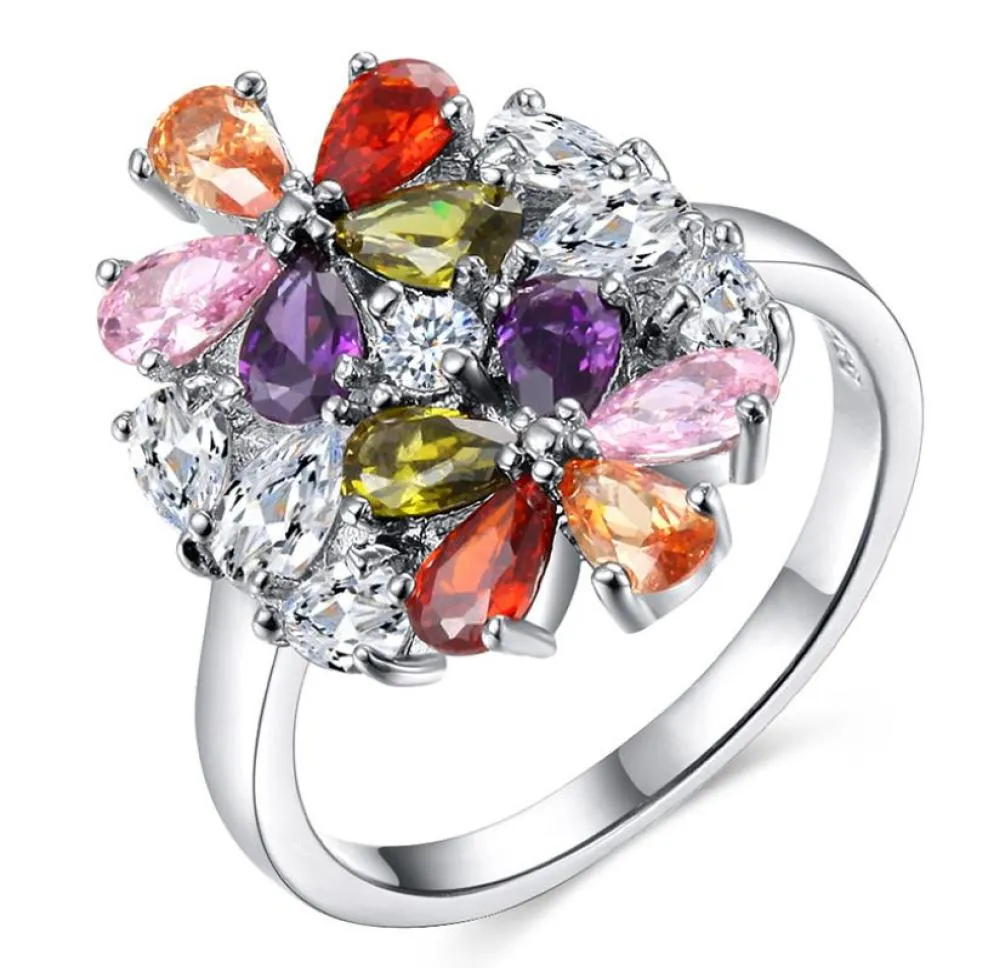 Mode Women039S Ny färgglad ädelstenring 925 Sterling Silver Ladies Diamond Ring Flower Ring Wedding Party Jewelry Gift Siz8431018
