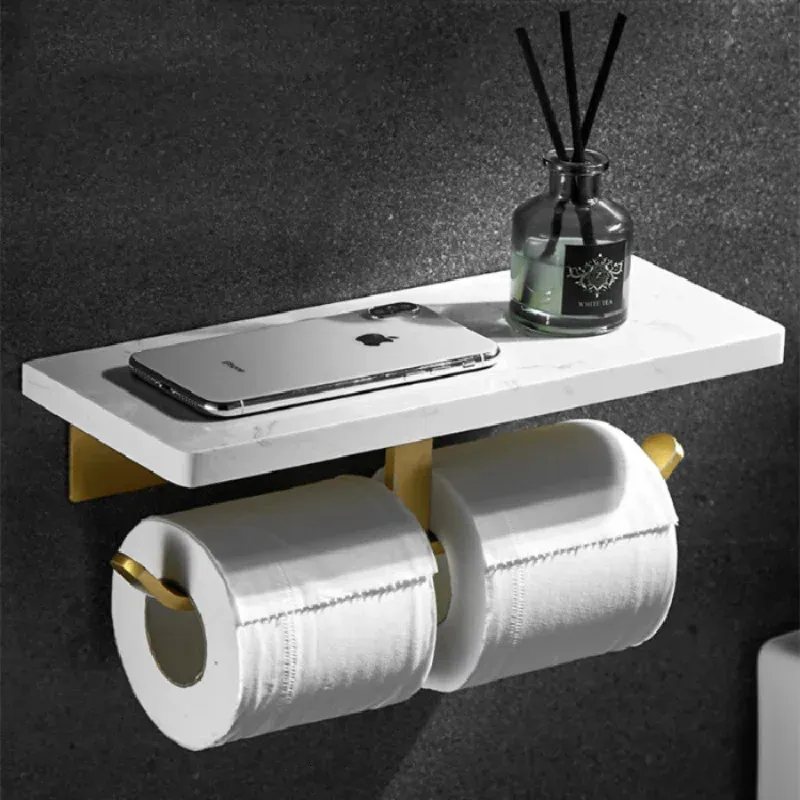 Porte-papier toilette Porte-rouleau de papier de salle de bain en aluminium marbre bain téléphone portable porte-serviettes étagère de papier toilette mural de luxe or brossé 231212