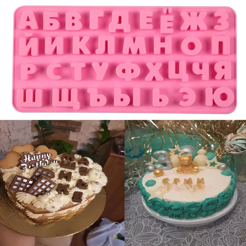 Bakformar 3D ryska alfabet silikonform bokstäver chokladkaka dekorera verktyg magasin fondant mögel gelé kakor mögel 231213