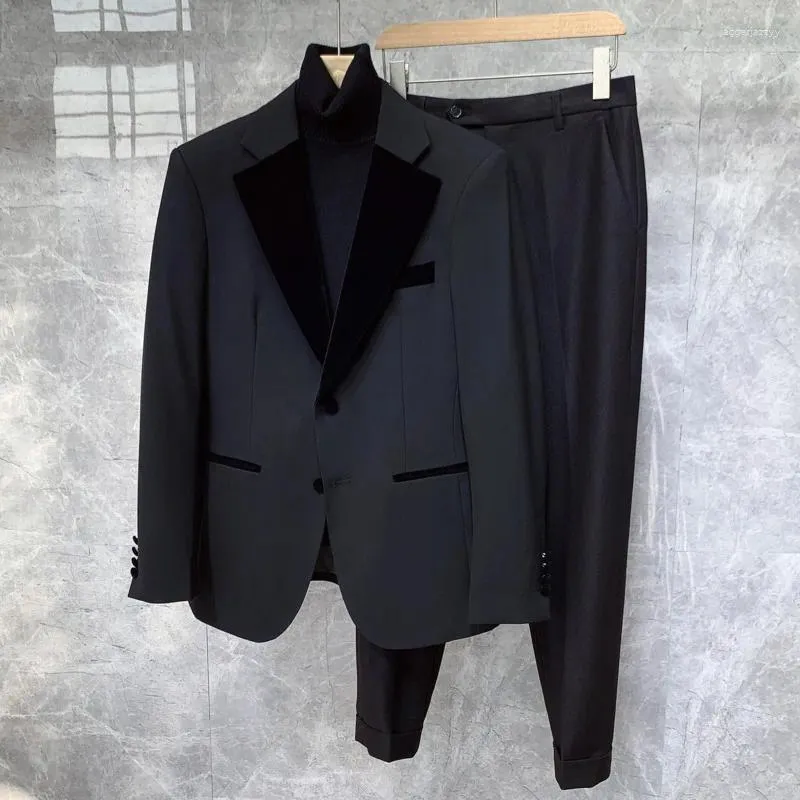 Men's Suits 2023 Groom Banquet Men Suit Slim Fit Costume Homme Mariage Royal Spring British Spliced Velvet Two Piece Wedding Party