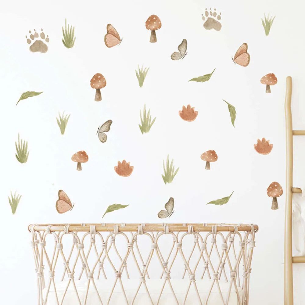 3sheets/set Watercolor Grass Mushroom Pattern Wall Stickers Boho Style Wall Decals for Kids Room Baby Nursery Room Home Decor