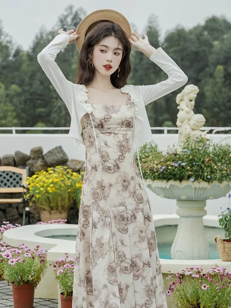 Casual Dresses Korean Style Summer Floral Print Beach Long Dress Women Clothing Fahsion Sleeveless Spaghetti Strap Elegant Party