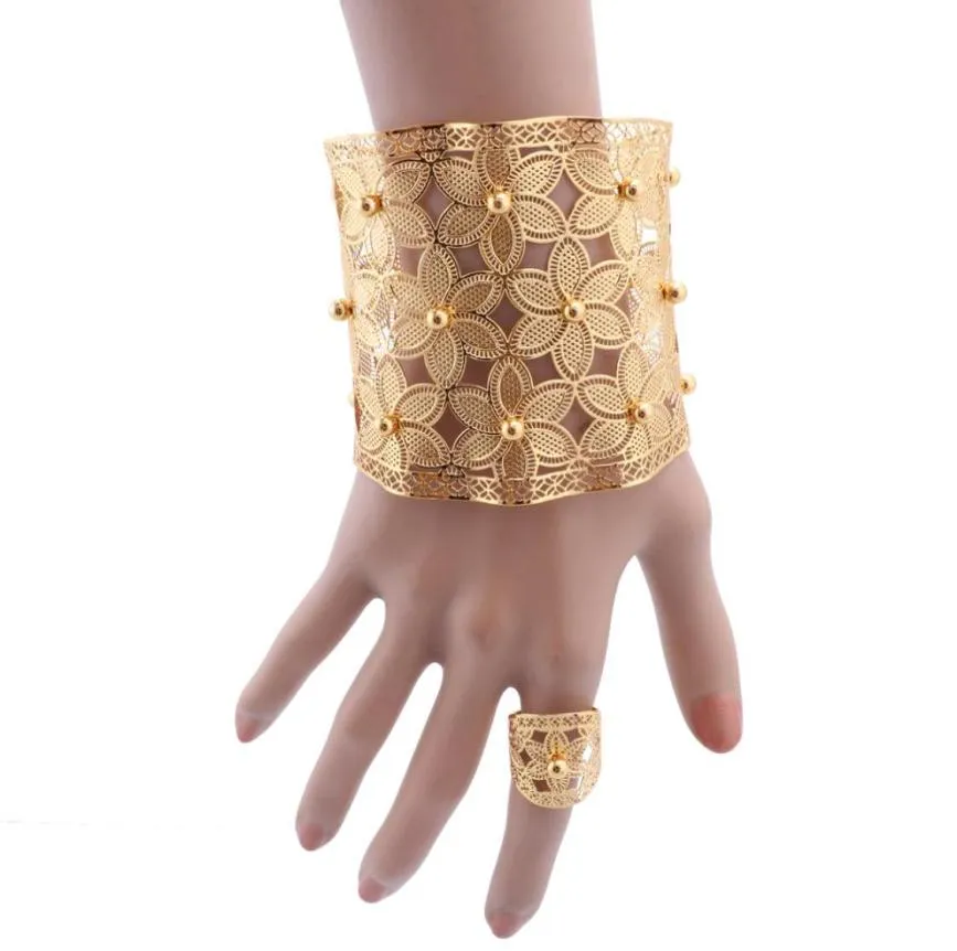 Brazalete de cadena de Dubái con anillo para mujer, pulsera de oro marroquí, joyería nigeriana, regalo de fiesta de boda, pulsera de hojas 3402223