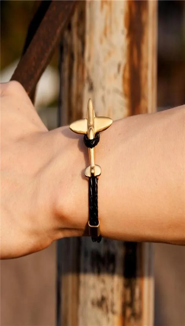 Fashion Gold Stainless Steel Anchor Airplane Bracelets With Vintage Genuine Leather Bracelet Men Women Homme Jewelry Charm5189898