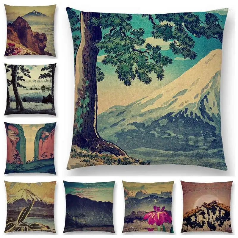 Pillow Japanese Style Landscape Painting Cover Four Seasons Nature Scenery Fuji Mountains Trees Rivers Sea Sofa Case