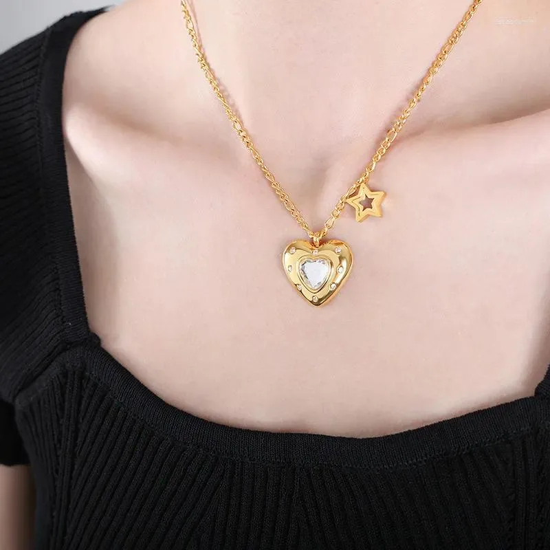 Pendant Necklaces ALLME Trendy Bling CZ Cubic Zirconia Love Heart For Women 18K Gold PVD Plated Stainless Steel Star Choker