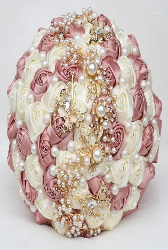 7 cores pérolas casamento nupcial rosa buquês elegante buquê da dama de honra mão segurando flores falsas ouro diamantes festa presente w322g11392057