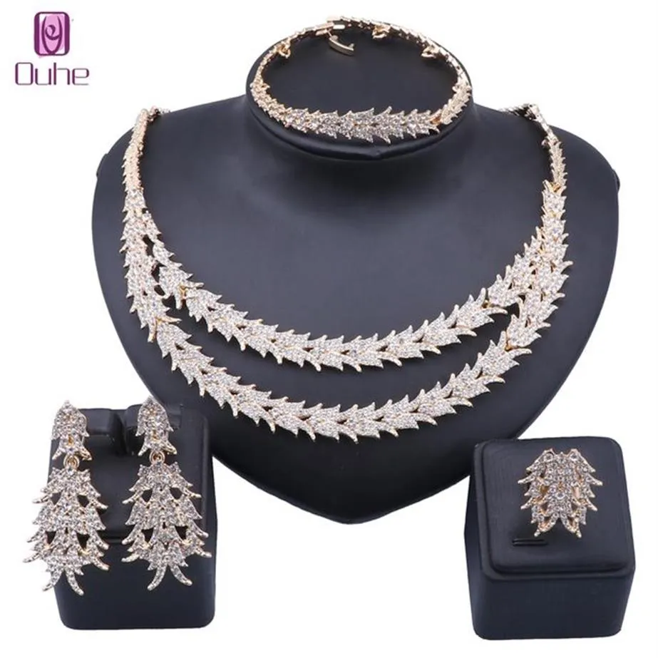 Ensemble de bijoux de mariée en cristal doré de dubaï, collier, Bracelet, boucle d'oreille, bague, fête nigériane, bijoux à la mode pour femmes, Set2624