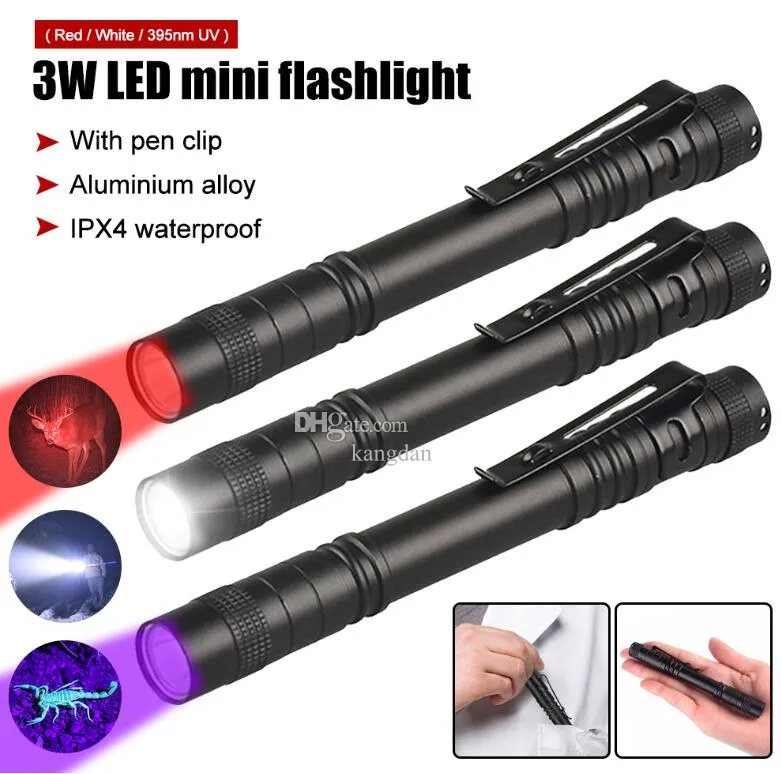 3W mini -led zaklamp uv Penlight Wit/rood/paars licht Handheld Penlicht Waterdichte Medische Penlight Torch met Penclip Pocket Lamp Power door AAA Batterij