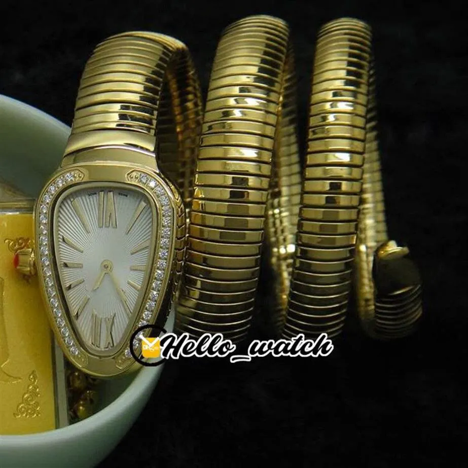 Moda Senhoras Relógios 101923 SP35C6GDG 2T Womens Watch Swiss Quartz White Dial 18K Gold Steel Diamond Bezel Long Winding Bracelet335I