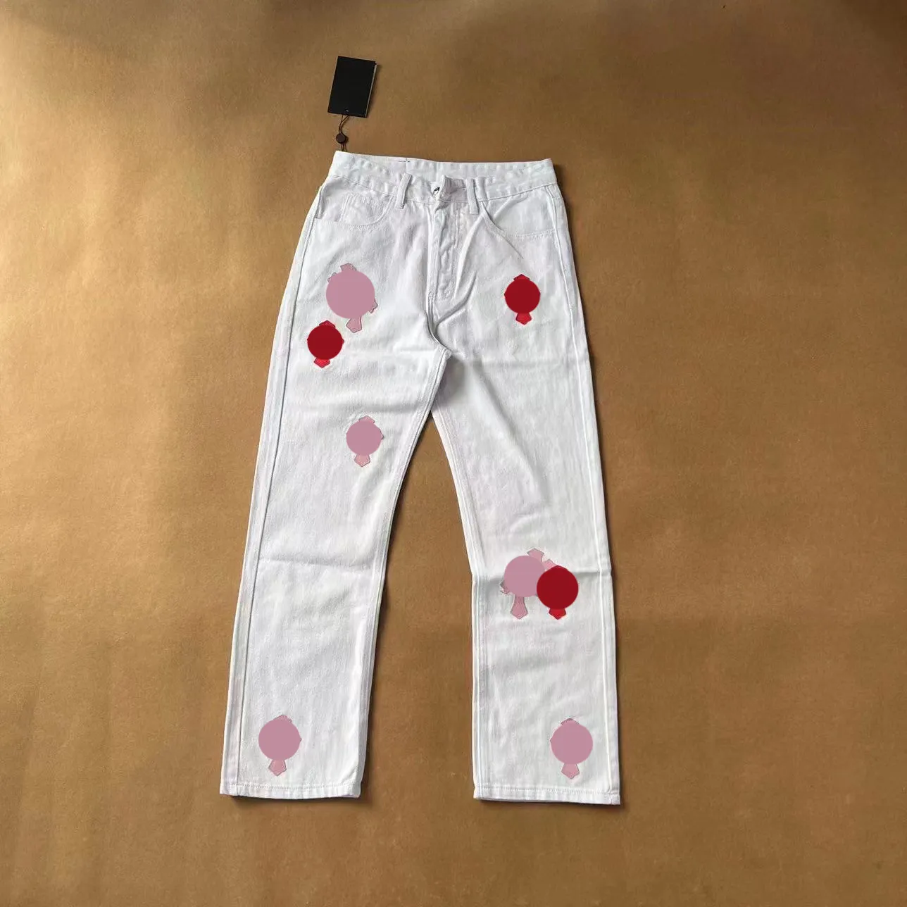 Herren-Herz-Jeans, Designer Make Old Washed Chromees, Herz-Jeans, Chrom, gerade Hose, Herz-Buchstaben-Drucke für Damen und Herren, lässig, langer Stil 387