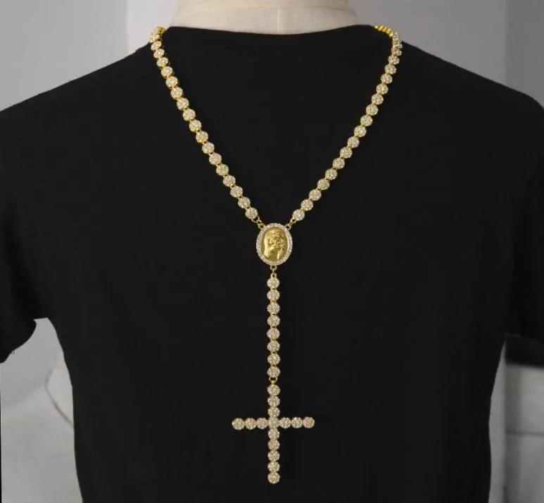 Men Luxury Long Necklace Gold Silver Full Iced Out Rhinestones Jesus Face With Big Pendant Necklace Rosary Punk Jewelry6839121