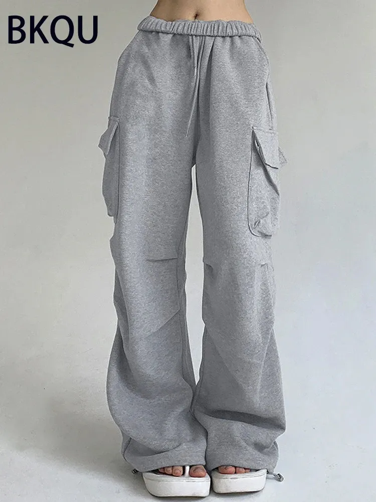 Women's Pants s BKQU Gray Knit Pockets Cargo Women 2023 Autumn High Waist Straight Wide Leg Sweatpants Casual Drawstring Joggers Trousers 231213