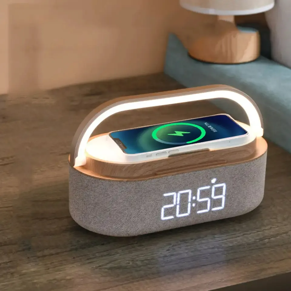 Bluetooth Speaker with Digital Alarm Clock Wireless Charger FM Clock Radio Adjustable LED Night Light Dual Wireless Speakers 2500mAh Battery for Bedroom,Home