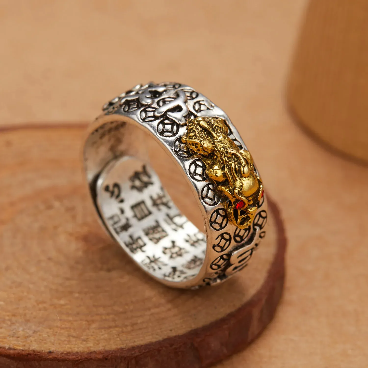 JUNTEN Feng Shui PiXiu Ring - 925 Sterling Silver Adjustable Open Ring For Good Luck & Wealth, Men & Women - View #3