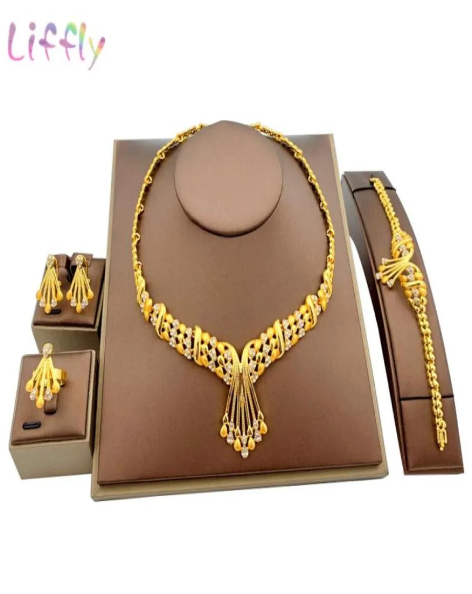 Liffly africano dubai conjuntos de jóias de noiva de ouro para mulheres pulseira brincos festa de casamento indiano anel de cristal conjuntos de jóias 2009238131639105