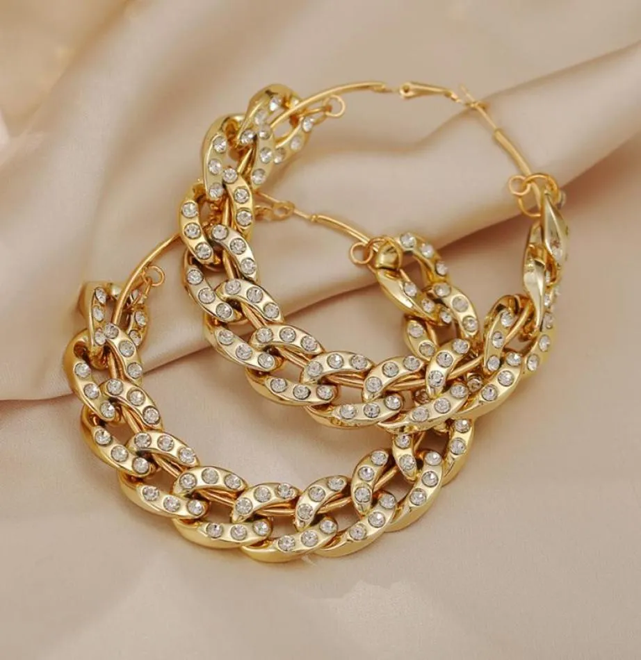 Trend Crystal Cuban Link Chain örhängen för kvinnor ovanliga Big Hoop Gold Color Circle Earring smycken Huggie7393882