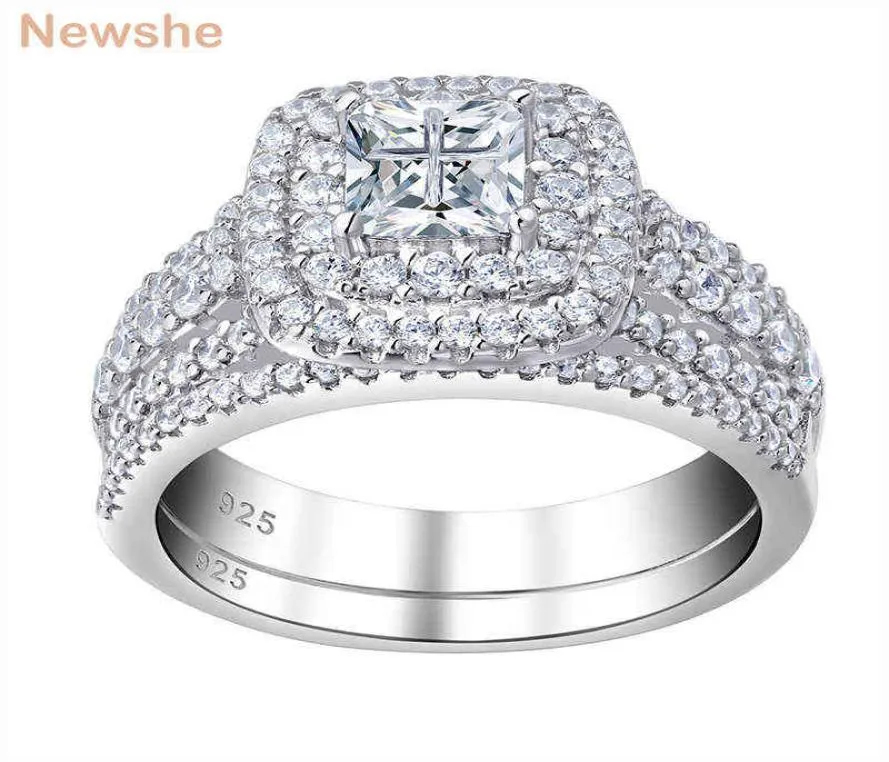 Elle 925 en argent Sterling Halo bague de mariage ensemble pour les femmes bijoux élégants princesse coupe AAAAA CZ bagues de fiançailles 2201131156084