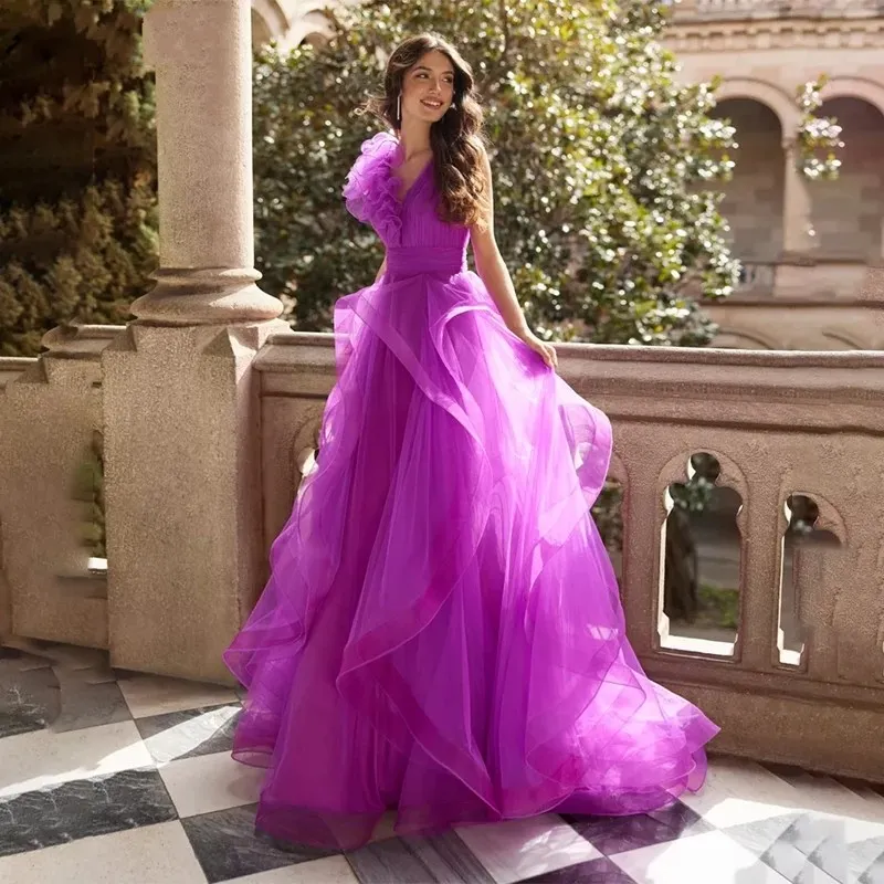 أرجوانية Low Low Prom Dress 2024 V-Tier-Tiered Plate Layered Tulle Tulle Birthday Ordrids HomeComing Wear Wear بمقاضاة السعودية Robe de Soiree