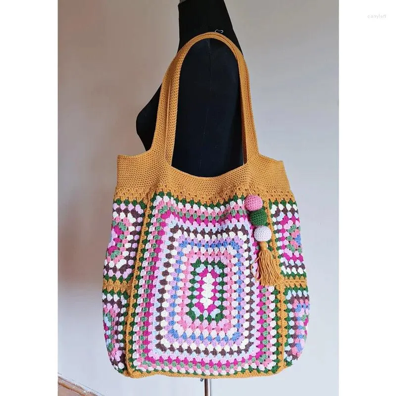 Evening Bags Colorful Crochet Boho Chic Granny Square Shoulder Bag Purple Beige Black Yellow Retro Knitted Handbags Hippie Summer Beach