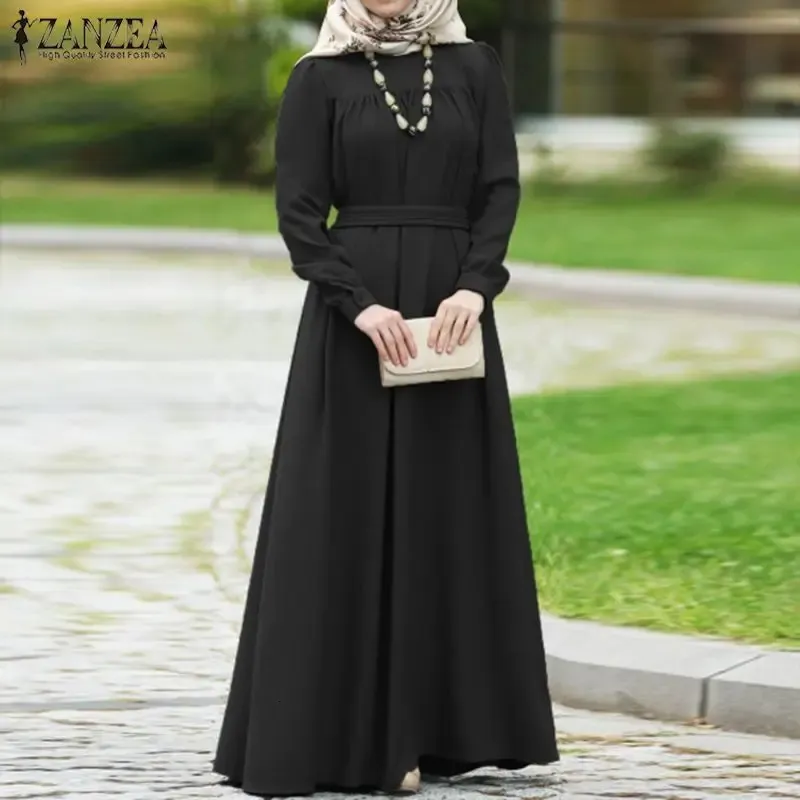 Grundläggande avslappnade klänningar Zanzea kvinnor Autumn Long Sleeve Dress Solid Kaftan Abaya Dubai Hijab Muslim Loose Sundress Maxi Vestido S 231212