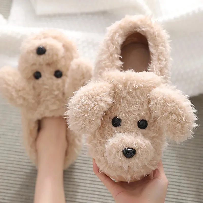 Sandaler Comwarm Cute Dog Short Plush Slippers For Women 2023 Winter Warm Furry Cotton Shoes Couples Home Indoor Sovrum Mysigt 231212