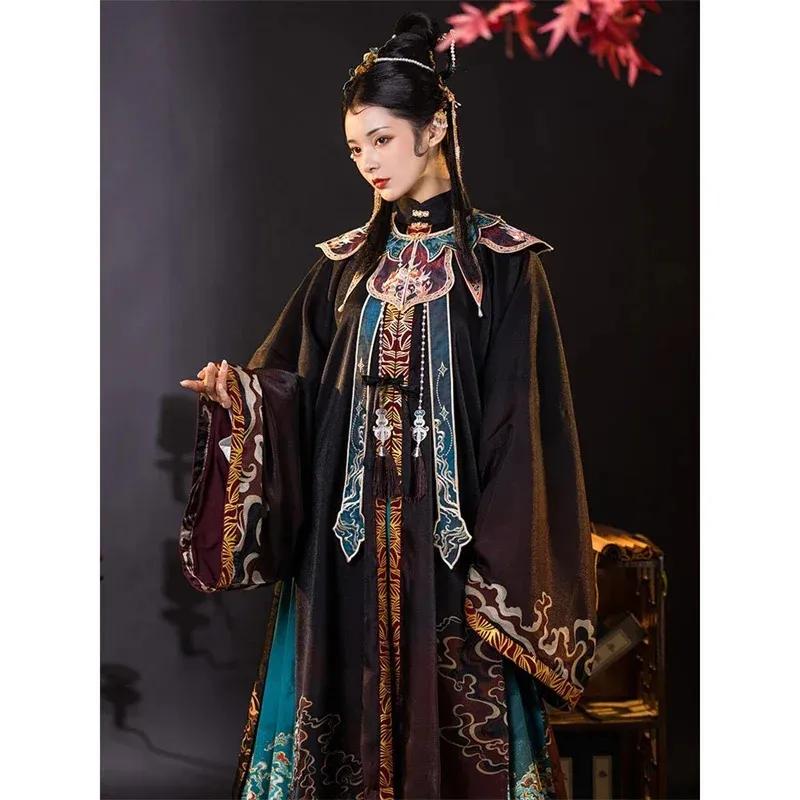 Etnische kleding HanTang Chinese traditionele Ming-dynastie Hanfu dames opstaande kraag zwart lang gewaad wolkschouder paardengezicht rok volledige set 231212