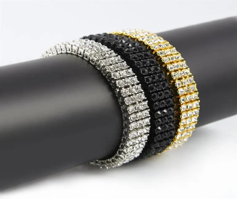 Masculino preto ouro prata acabamento 3 fileiras diamante simular pulseira 8 polegadas 12mm strass gelado hip hop bling ewelry304b94446806075145