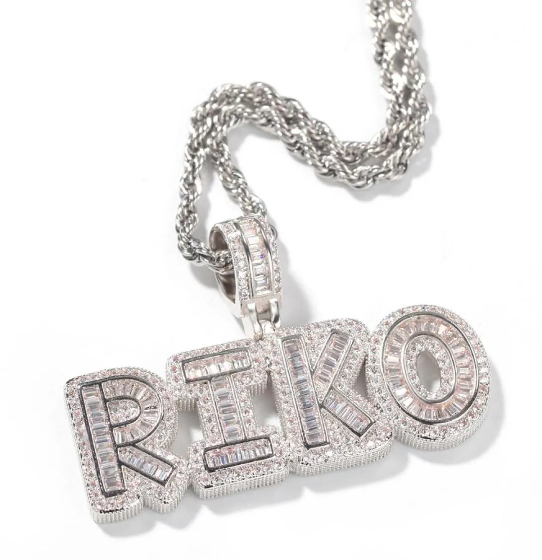 Hip Hop Custom Name Baguette Letter Pendant Necklace With Rope Chain Gold Silver Bling Zirconia Men Pendant Jewelry2746106
