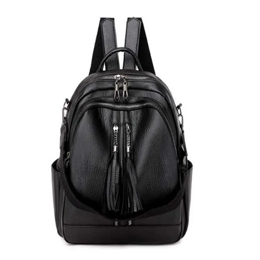 High Quality Leather Women Backpack Fashion School Bags For Teenager Girls Vintage Female Travel Single Shoulder Black Backpacks256b