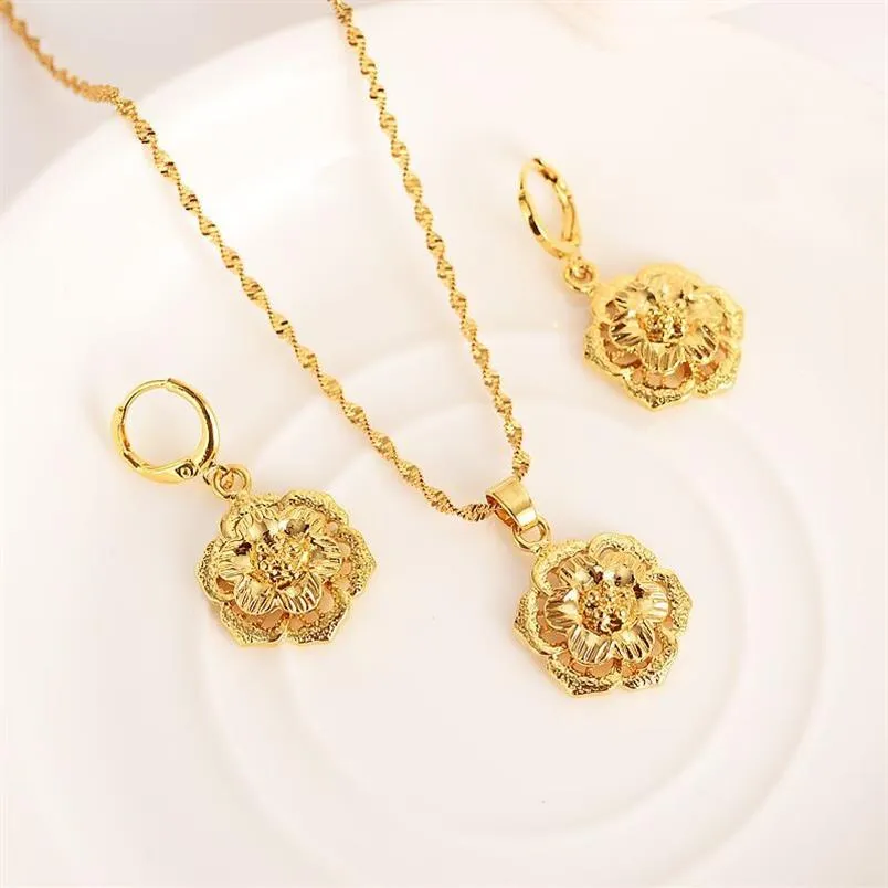 Solid Gold Filled vintage flower rose Jewelry sets Pendant Necklaces Women African Jewelry wedding bridal charms party mother2017