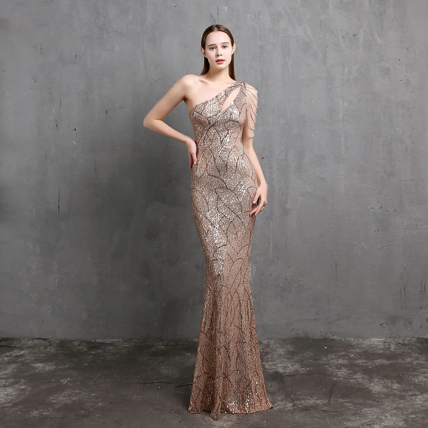 Plus Size Gouden Pailletten Zeemeermin Prom Jurken Elegante Avondjurken Een Schouder Vrouwen Sexy Lange Etentje Formele Jurk voor Bruidsmeisje