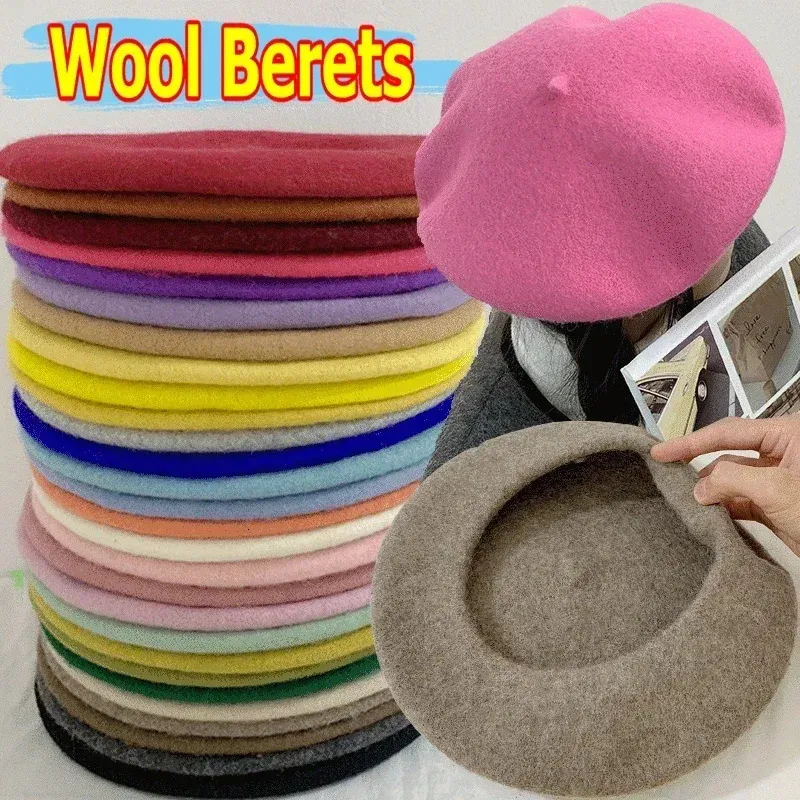 Geizige Krempe Hüte 2024 Frauen Wolle Berets Französisch Künstler Warme Winter Beanie Hut Retro Plain Baskenmütze Einfarbig Elegante Dame alle Passenden Herbst Caps 231213