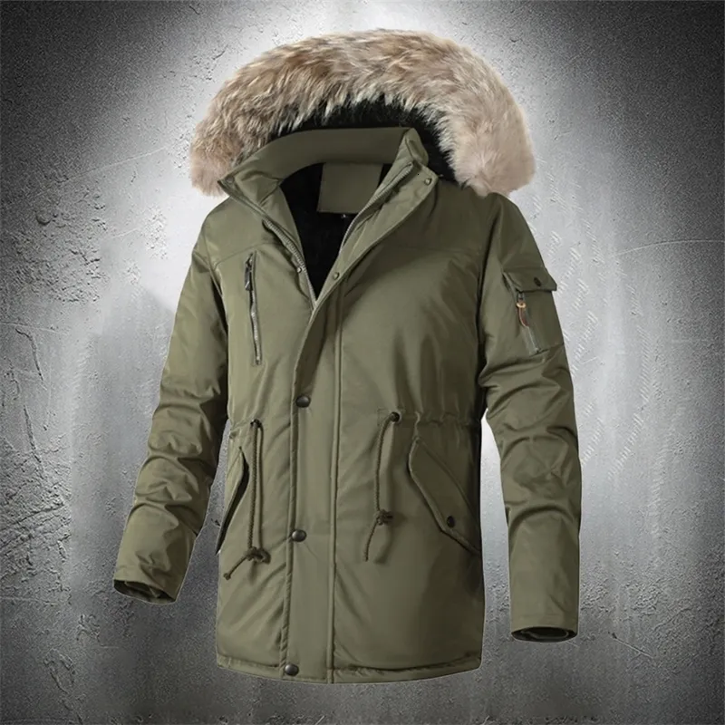 Jaquetas masculinas inverno para homens parkas com capuz de pele moda roupas engrossar quente ao ar livre ajustável cintura corda 231212