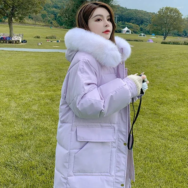 Trenchs de femmes Manteaux de mode Veste d'hiver Femmes 2023 Parkas à capuche mi-longue avec col de fourrure lâche manteau de coton épaissi vêtements veste