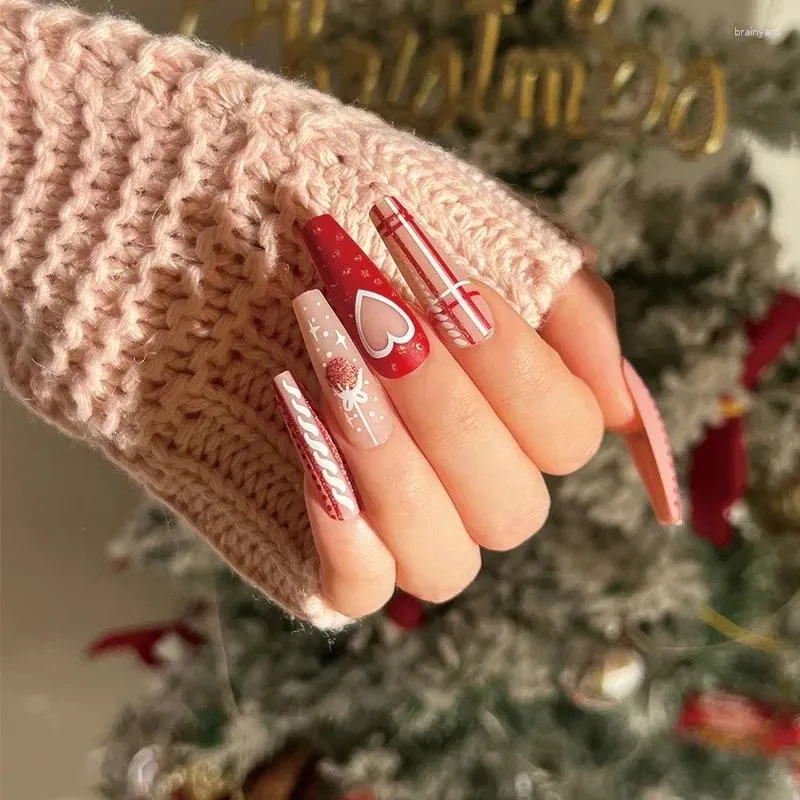 Faux ongles portables Nail Art Long Ballet givré coeur de Noël paillettes rose faux patchs sont détachables