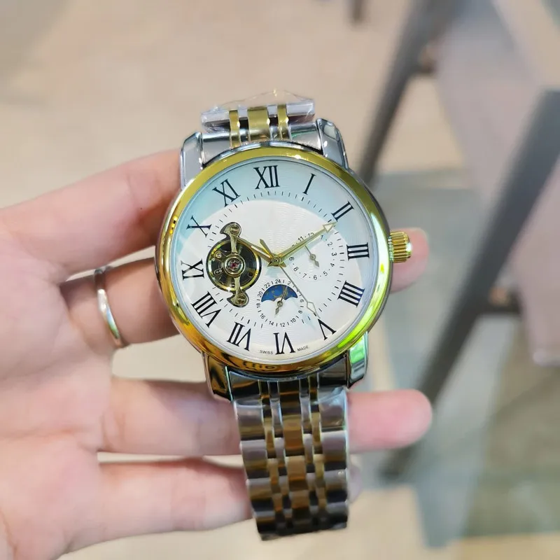 Reloj de lujo para hombre Fase lunar Relojes automáticos mecánicos para hombres de negocios de primeras marcas Banda de acero inoxidable Relojes de pulsera con volante a prueba de agua para hombre Regalo del día del padre