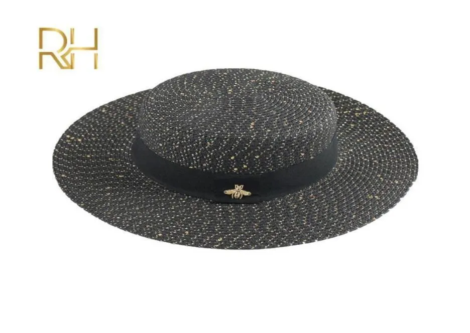 Sombreros planos tipo canotier para el sol para mujer, sombrero de paja con lentejuelas de abeja pequeña, sombrero trenzado dorado Retro, sombrilla para mujer, gorra plana brillante RH 2208179807276